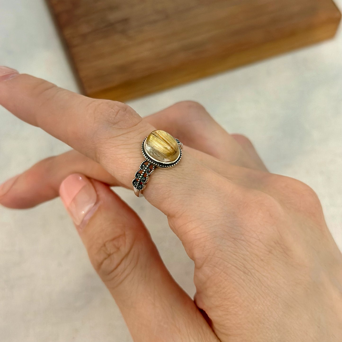 Golden Rutilated Quartz Cabochon Adjustable Sterling Silver Ring