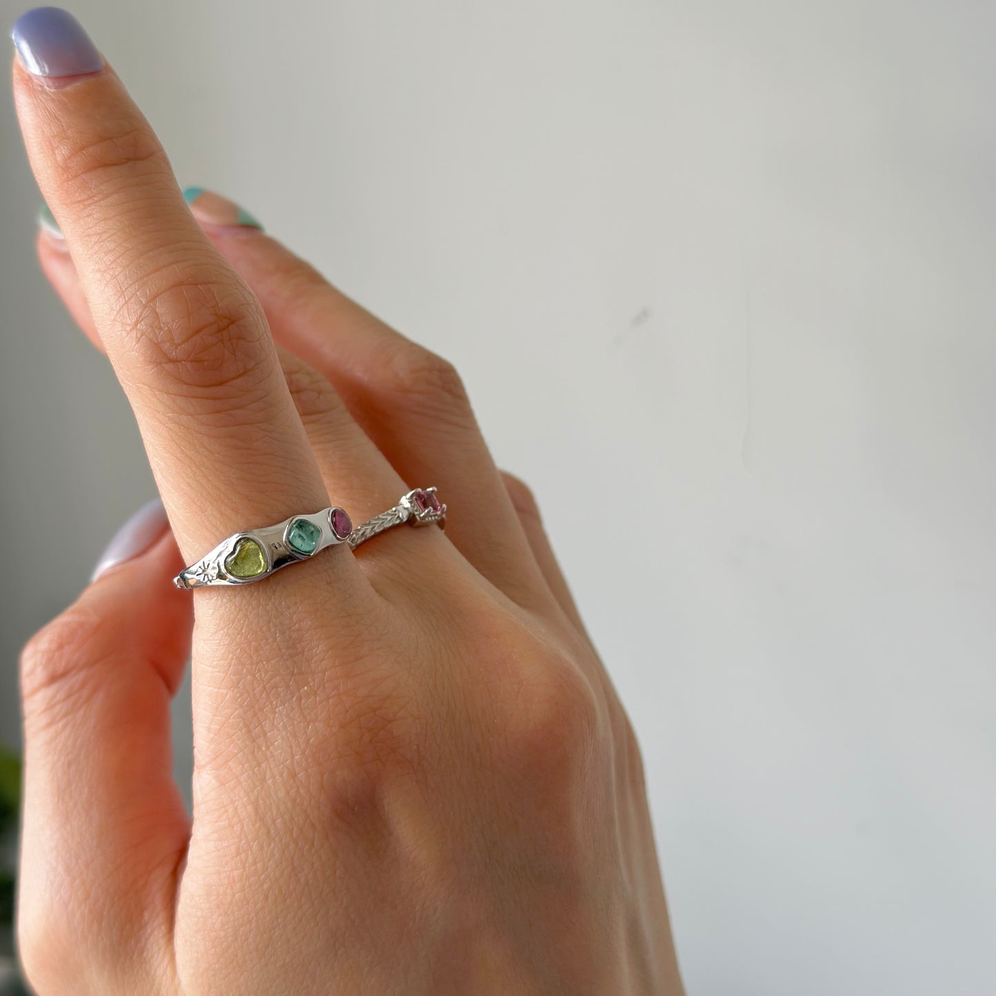 Tourmaline Heart Mix Adjustable Sterling Silver Ring