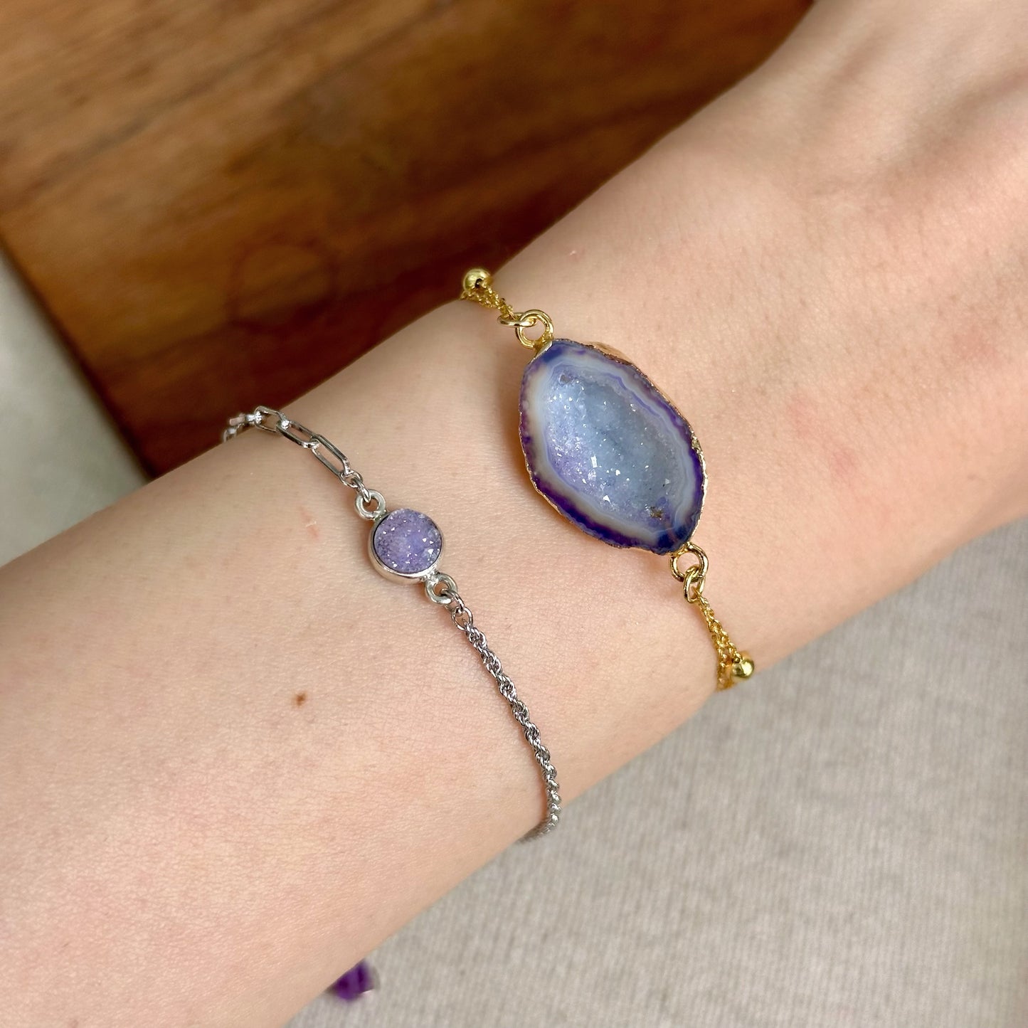 Druzy And Amethyst Adjustable Sterling Silver Bracelet