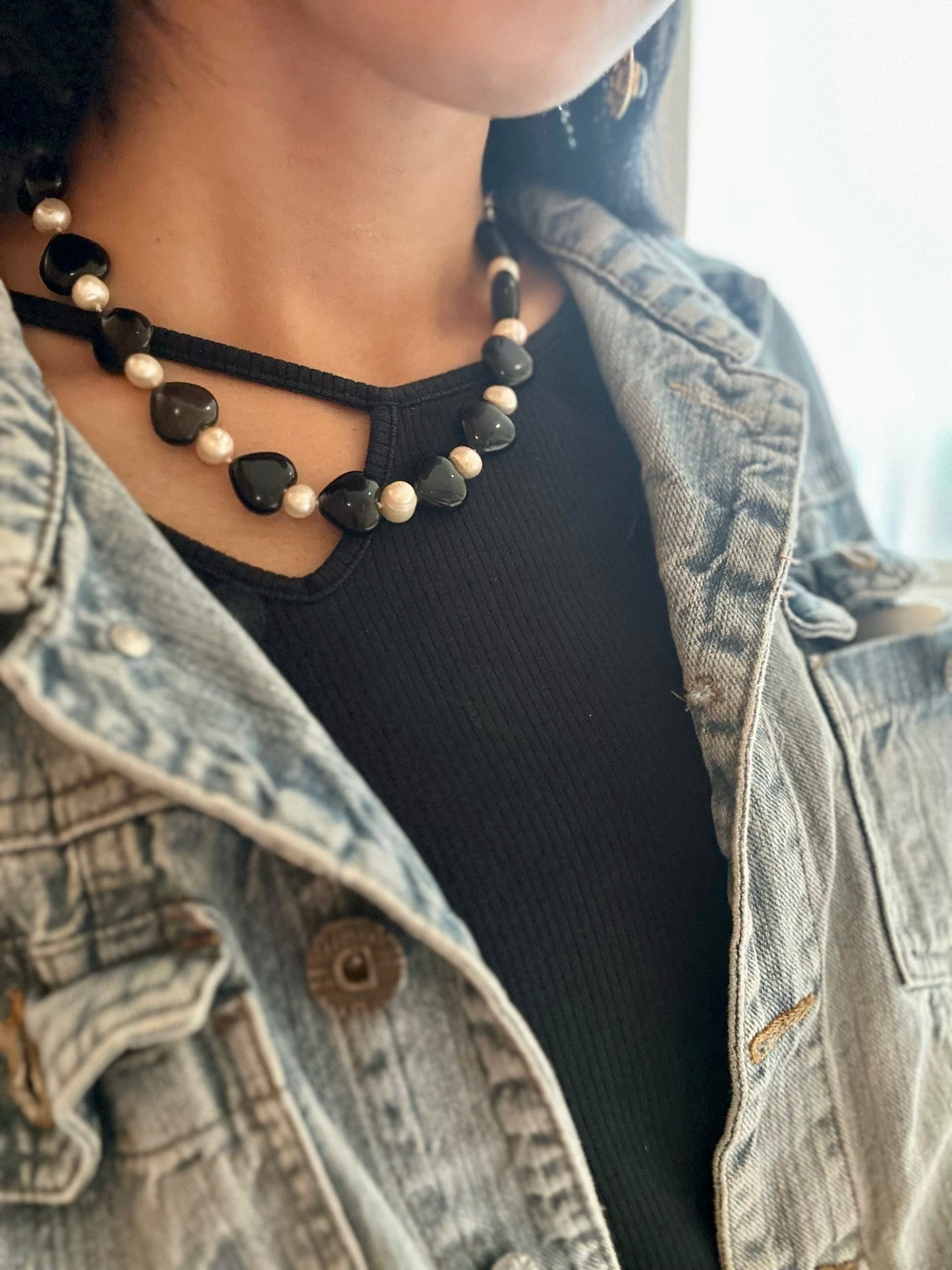 Black Onyx Heart And Freshwater Pearl Beaded Necklace