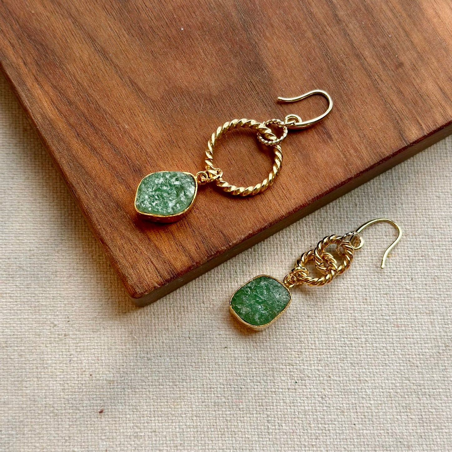 Green Aventurine And Twisted Ring Gold-plated Earring