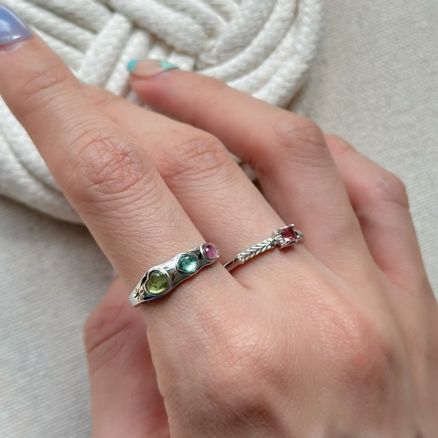 Tourmaline Heart Mix Adjustable Sterling Silver Ring