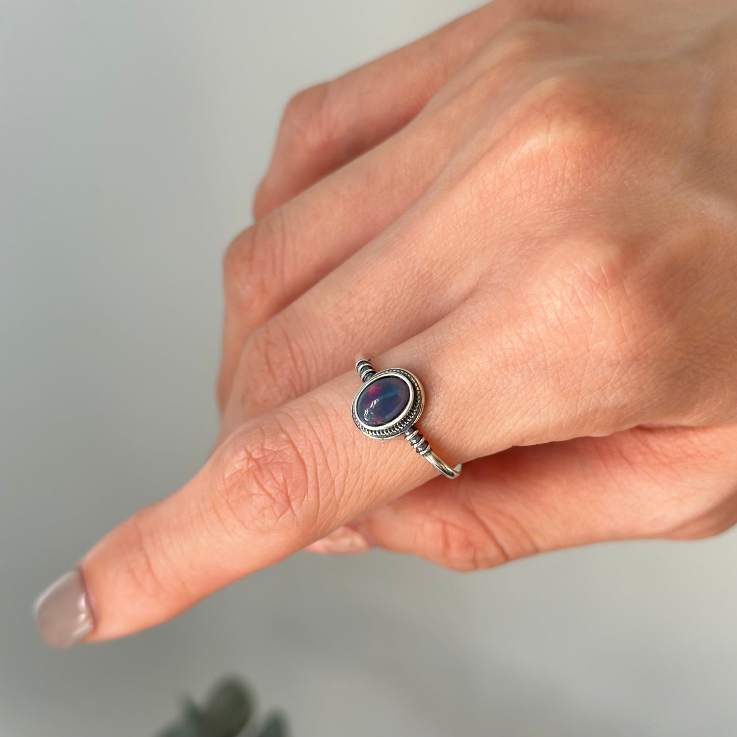 Black Opal Oval Cabochon Adjustable Sterling Silver Ring