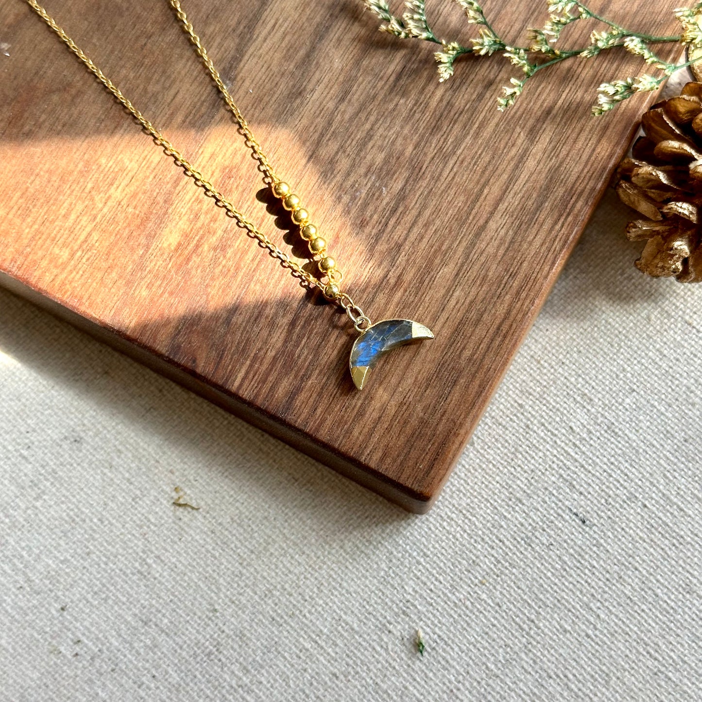 Labradorite Crescent Asymmetric Two-way Gold-plated Sterling Silver Necklace