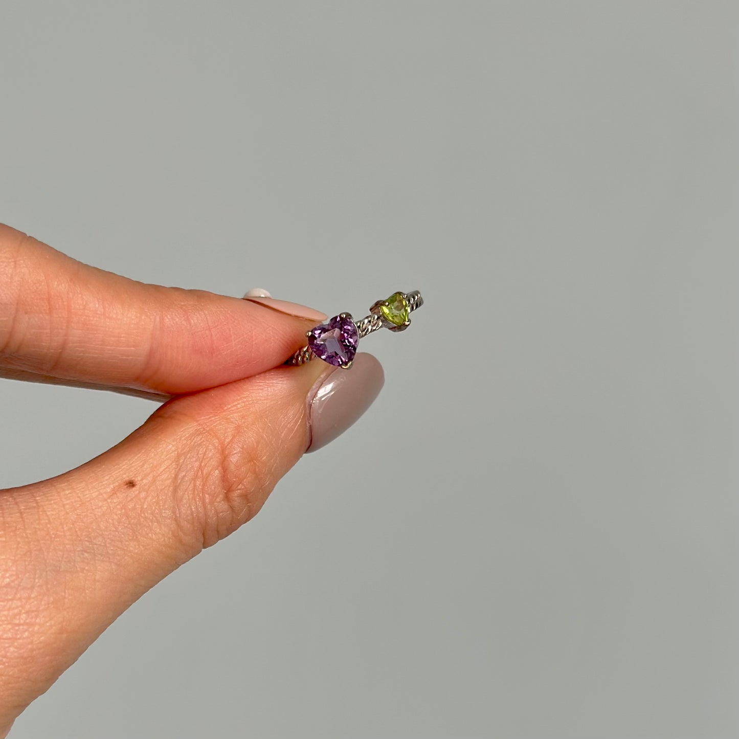 Amethyst And Peridot Heart Adjustable Sterling Silver Ring