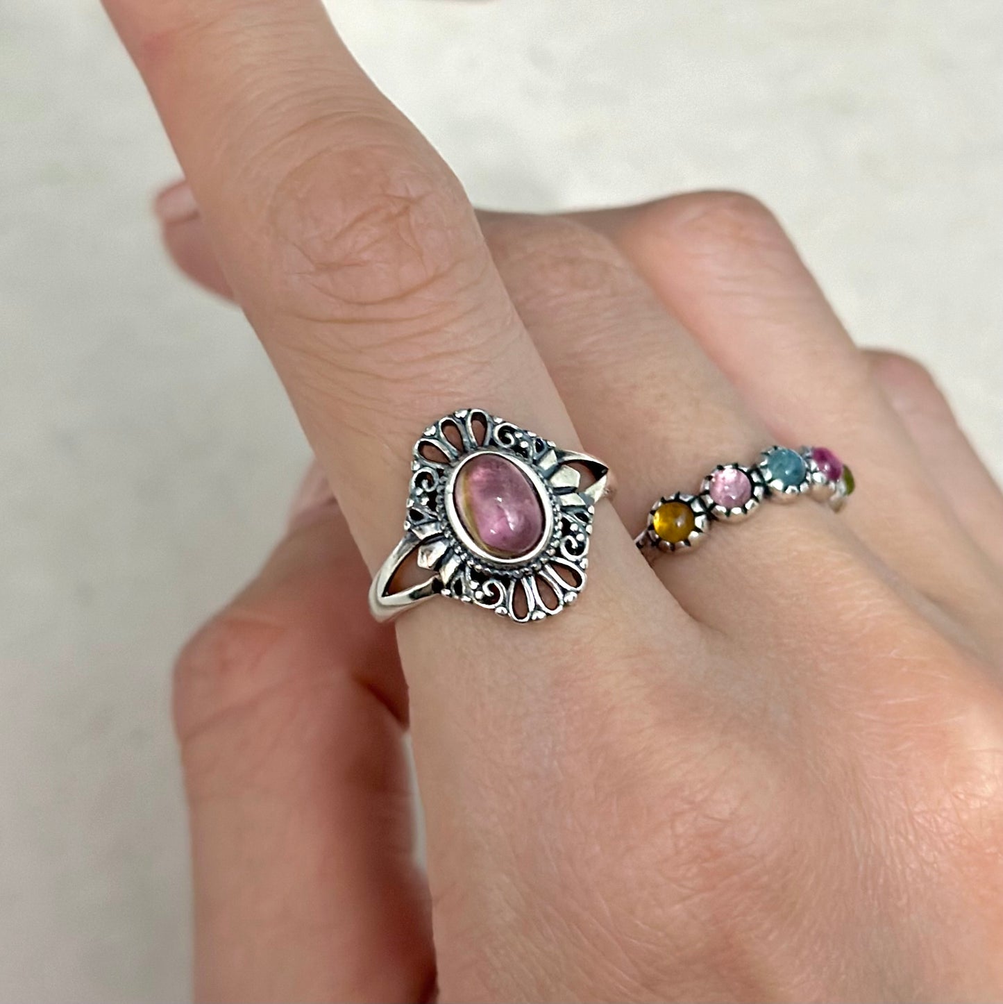 Watermelon Tourmaline Cabochon Adjustable Sterling Silver Ring