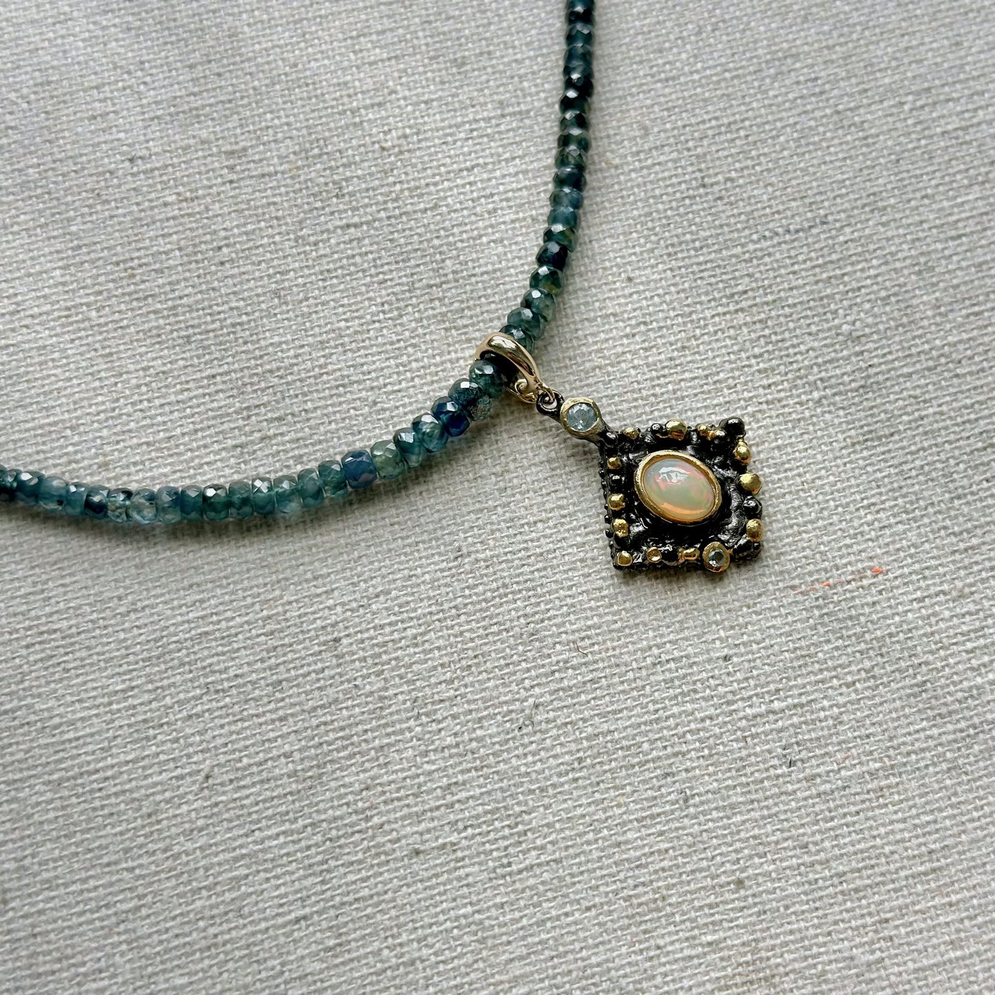 Two-way Opal Pendant And Sapphire Beaded Necklace