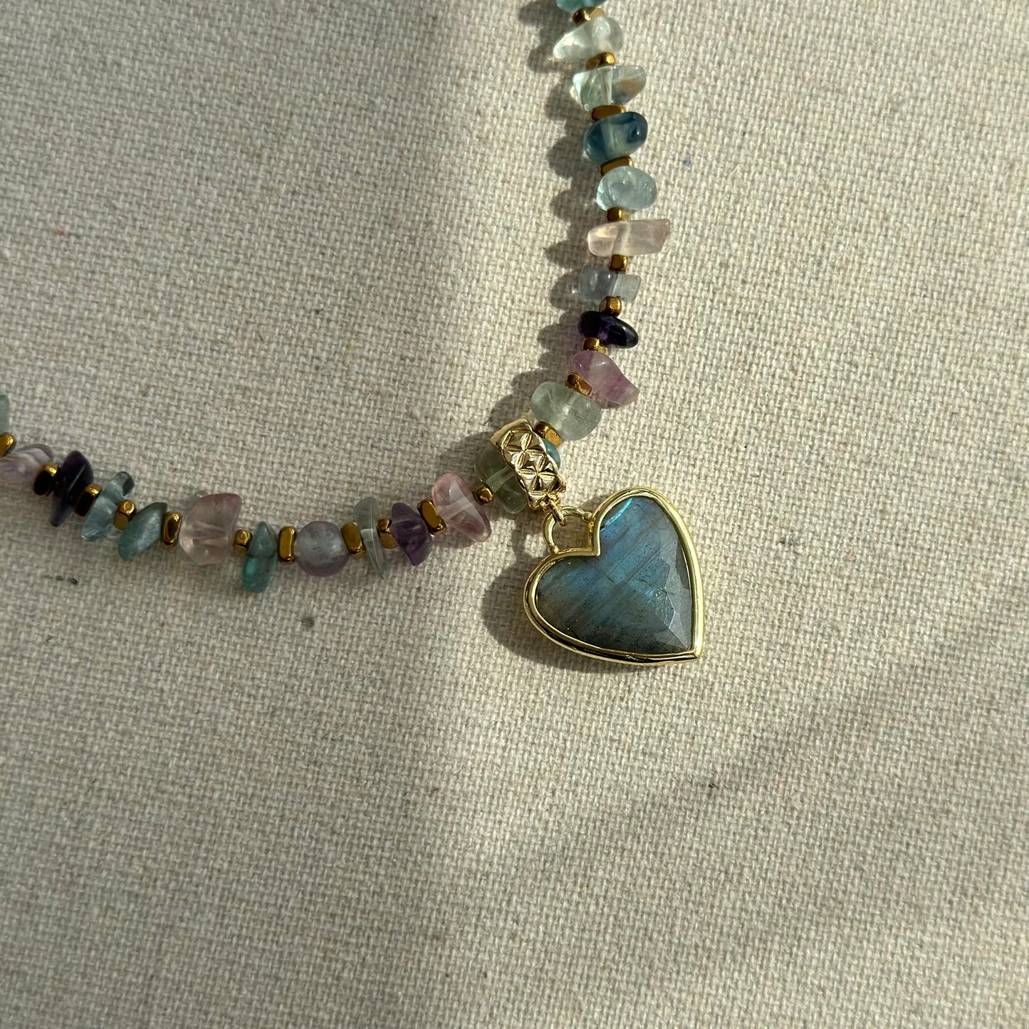 Labradorite Heart Pendant And Fluorite Beaded Two-way Necklace