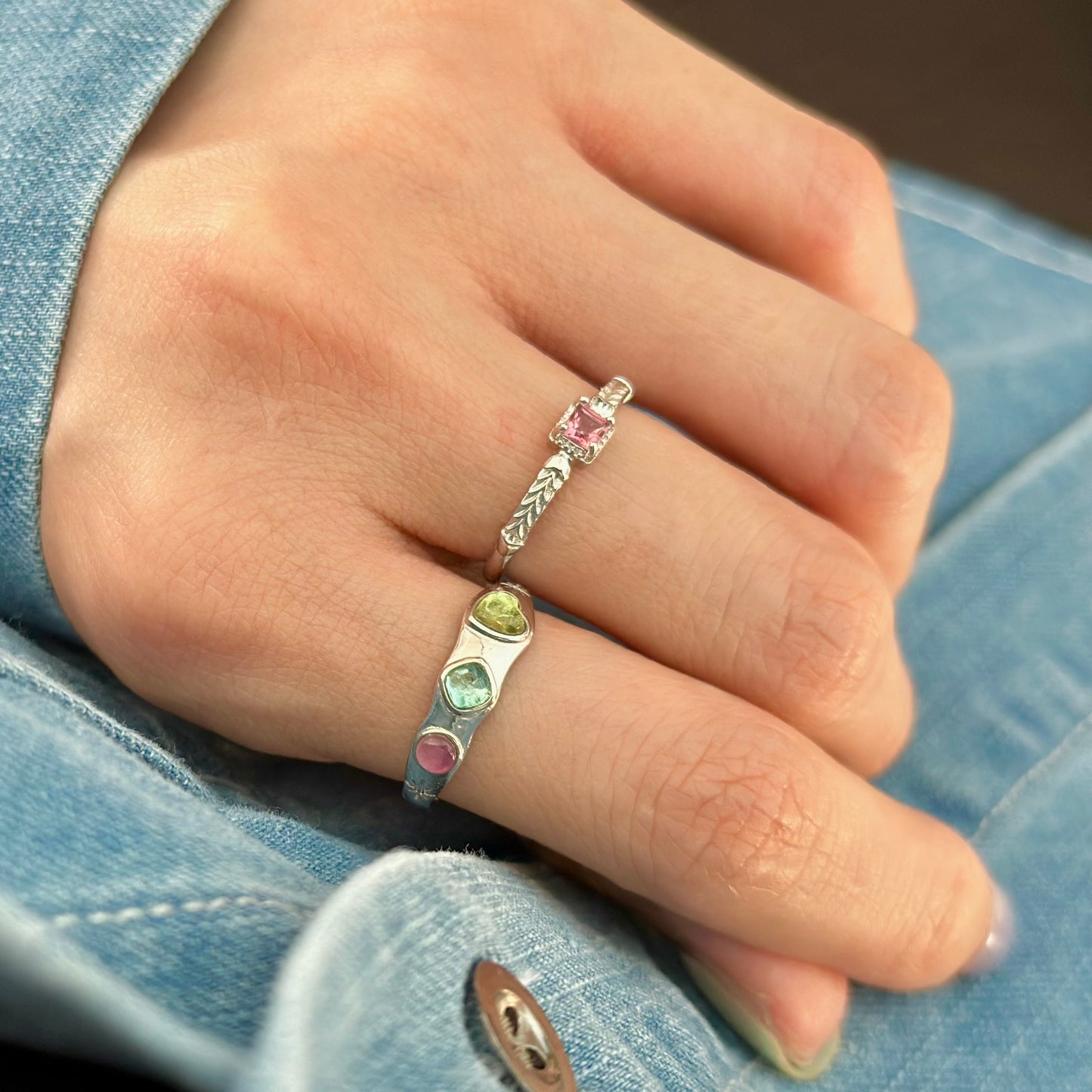 Tourmaline Heart Mix Adjustable Sterling Silver Ring