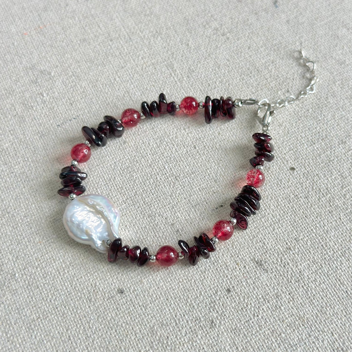 Garnet With Strawberry Quartz And Baroque Pearl Beaded Bracelet