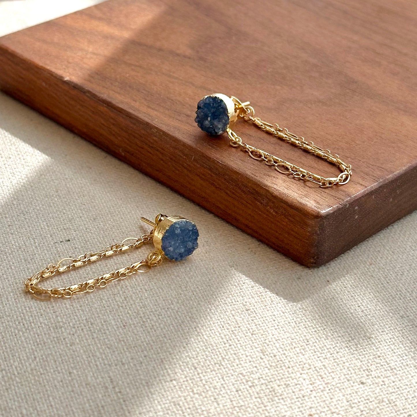 Blue Druzy And Chain Hoop-like Gold-plated Earring