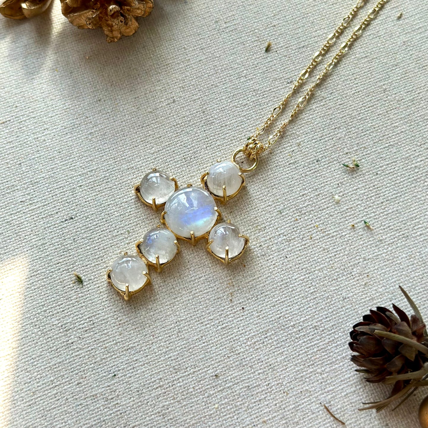 Moonstone Cross Long Gold-plated Necklace