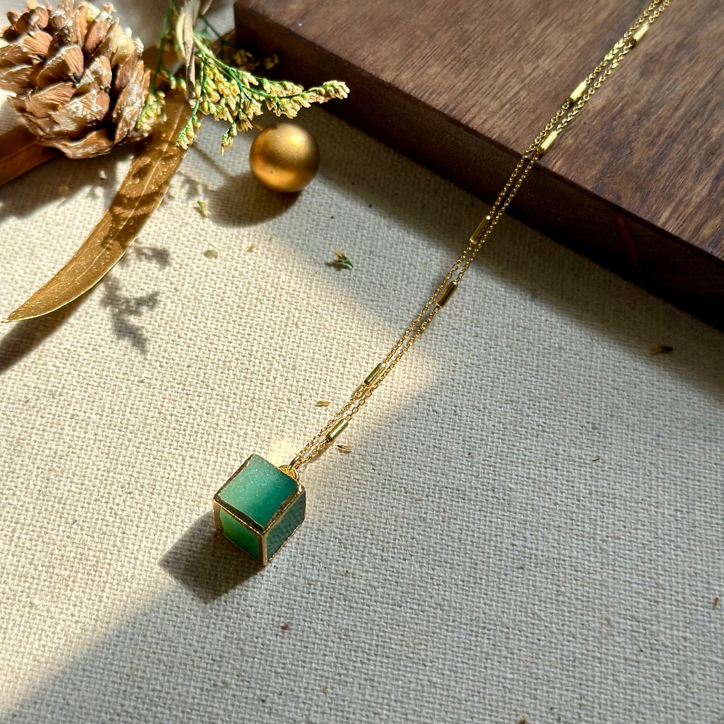 Aventurine Cube Gold-plated Sterling Silver Necklace