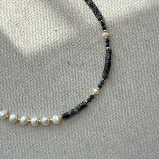 Dalmatian Jasper Mixed Lapis And Freshwater Pearl Beaded Necklace