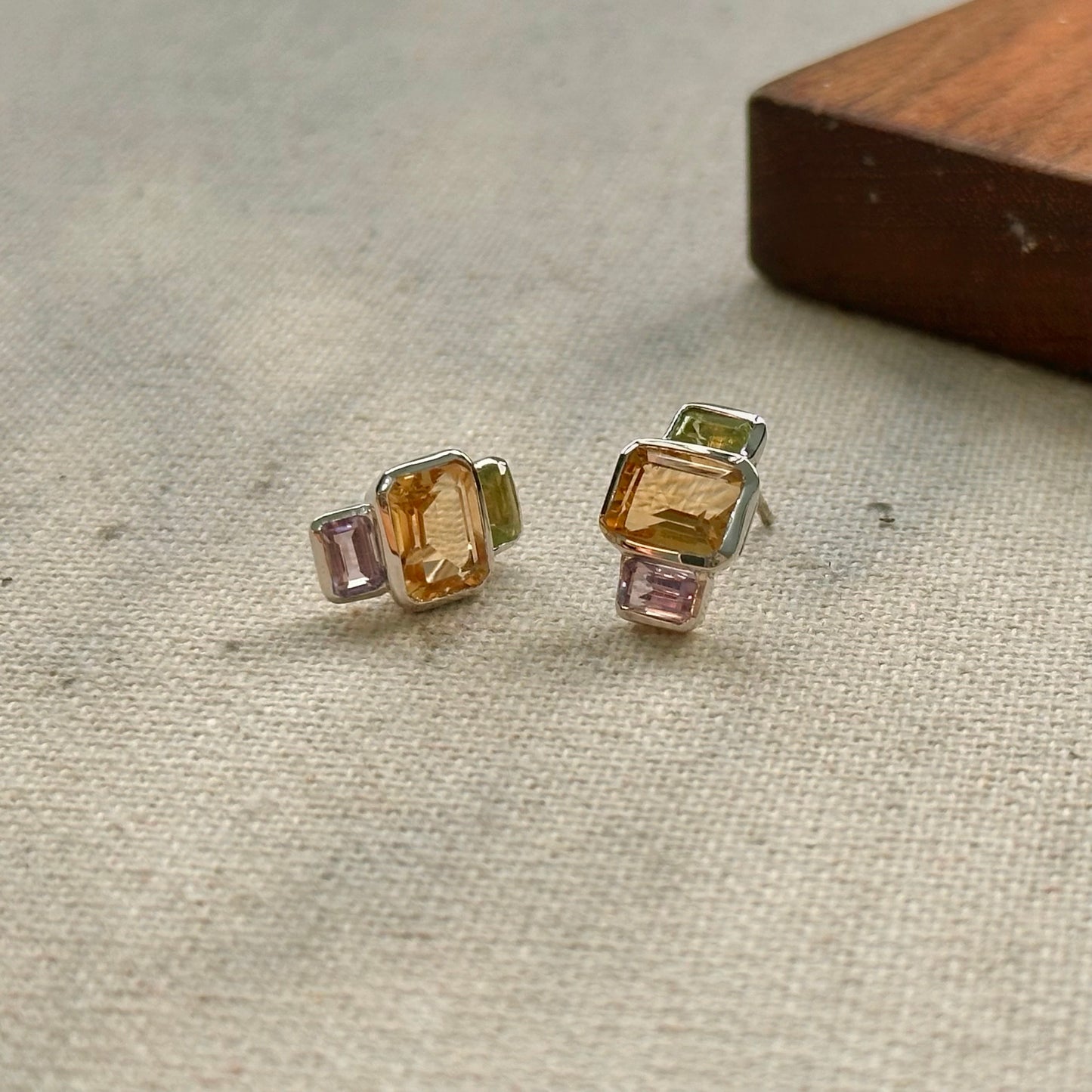 Citrine Mixed Peridot And Amethyst Sterling Silver Ear Stud