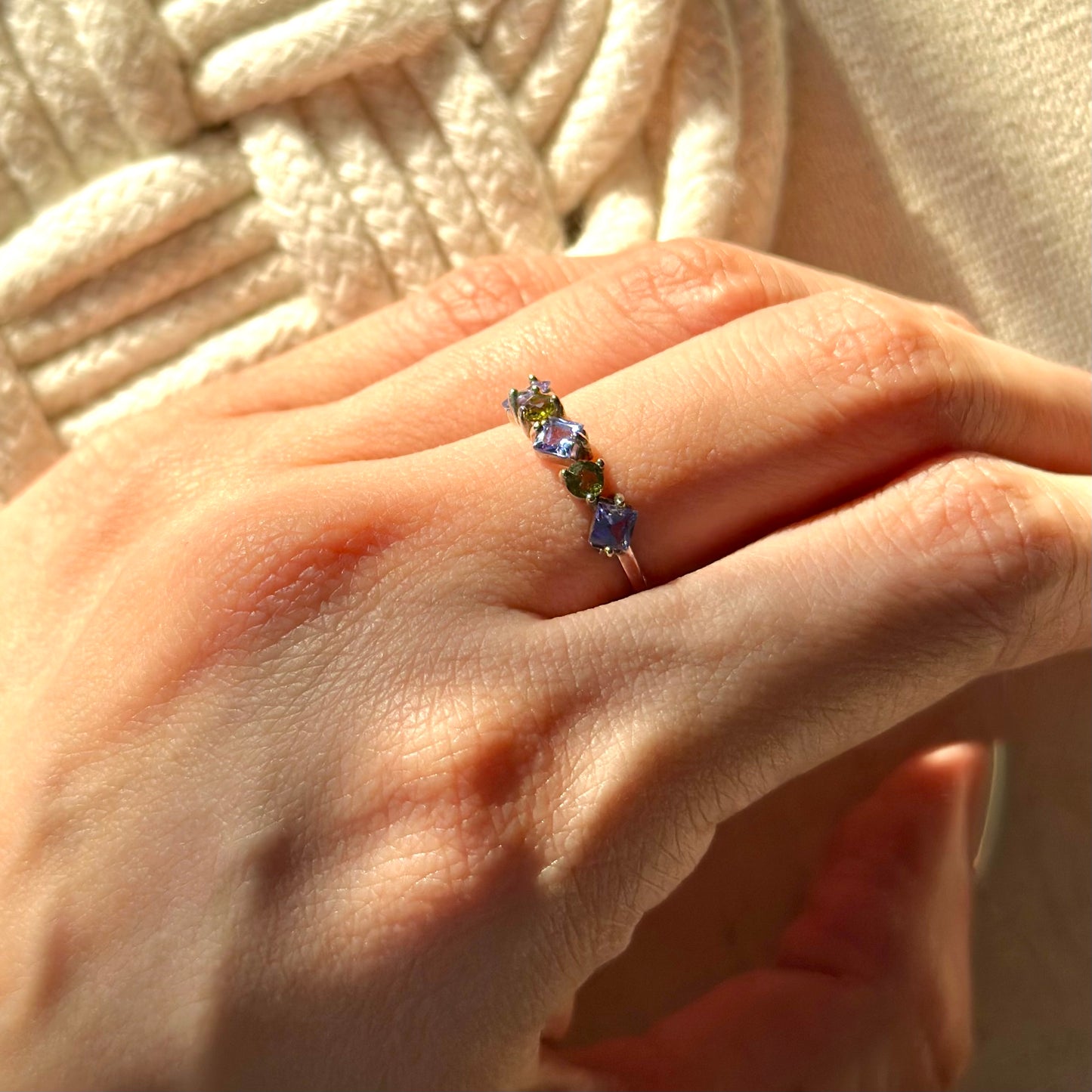 Tanzanite And Green Tourmaline Adjustable Sterling Silver Ring