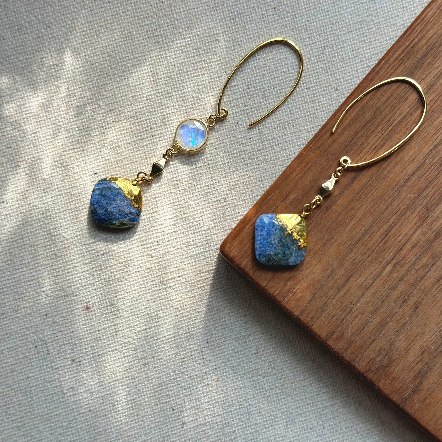 Lapis And Moonstone Asymmetric Gold-plated Earring