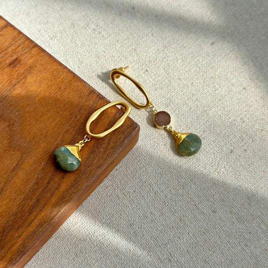 Green Cat Eye And Druzy Abstract Gold-plated Ear Stud