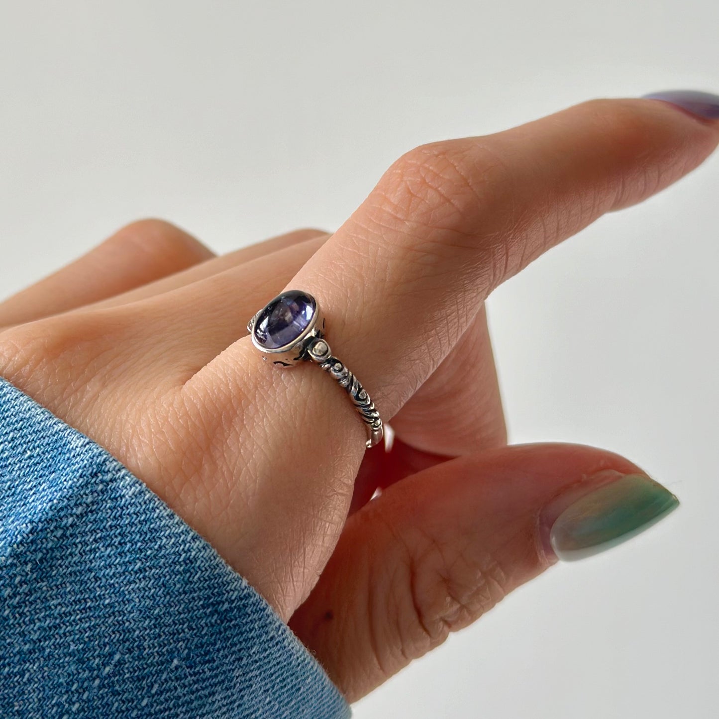 Iolite Cabochon Adjustable Sterling Silver Ring