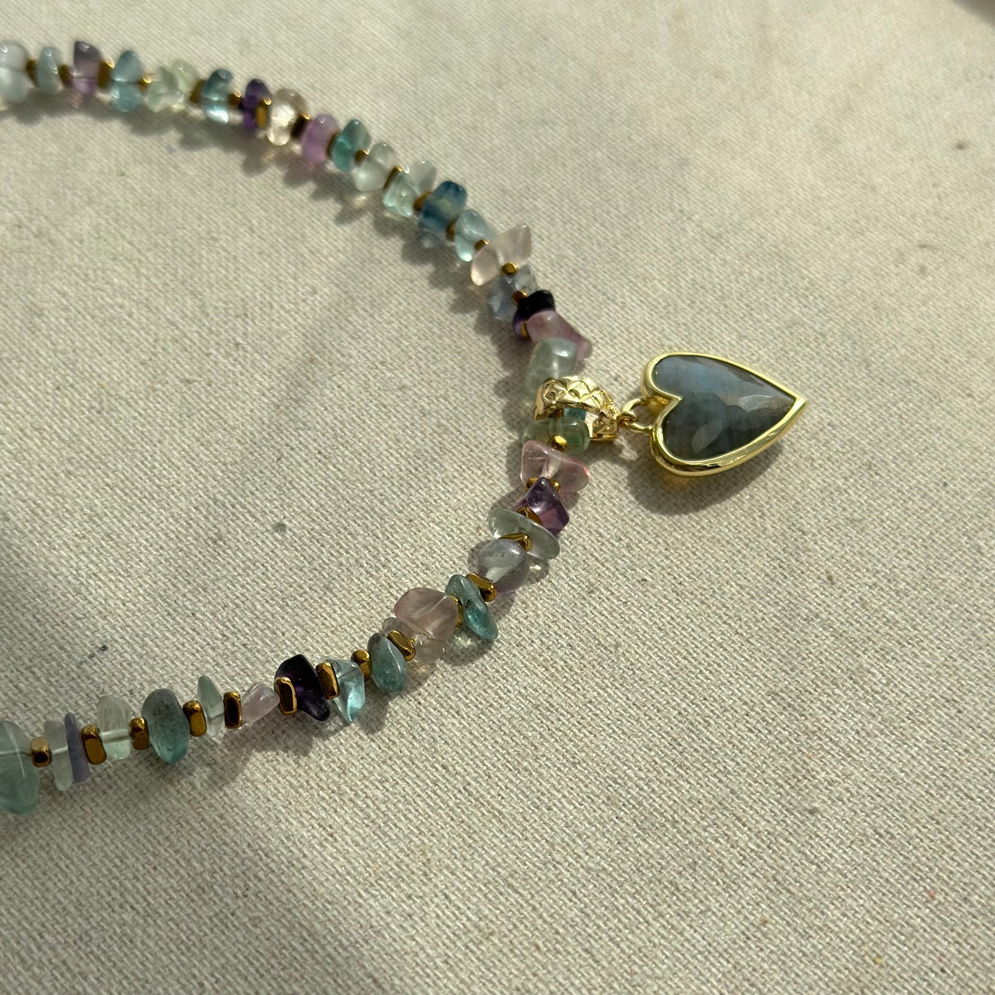 Labradorite Heart Pendant And Fluorite Beaded Two-way Necklace