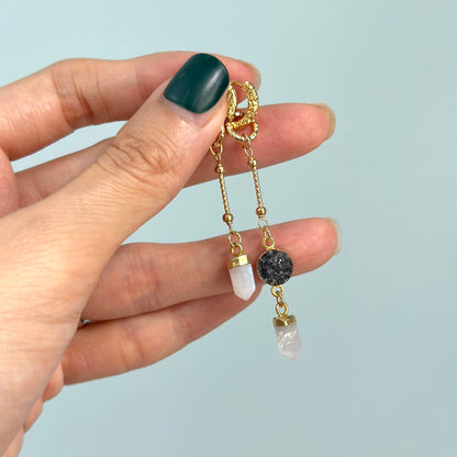 Moonstone And Black Druzy Two-way Gold-plated Ear Hoop