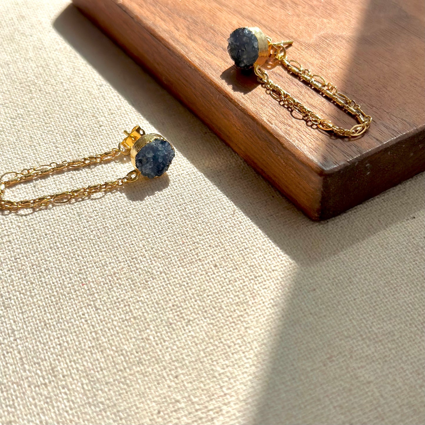 Blue Druzy And Chain Hoop-like Gold-plated Earring