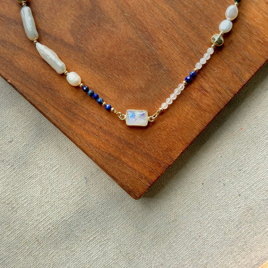 Moonstone And Lapis Mixed Freshwater Pearl Beaded Necklace