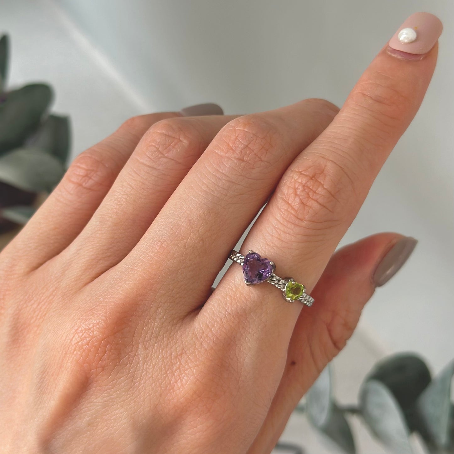 Amethyst And Peridot Heart Adjustable Sterling Silver Ring