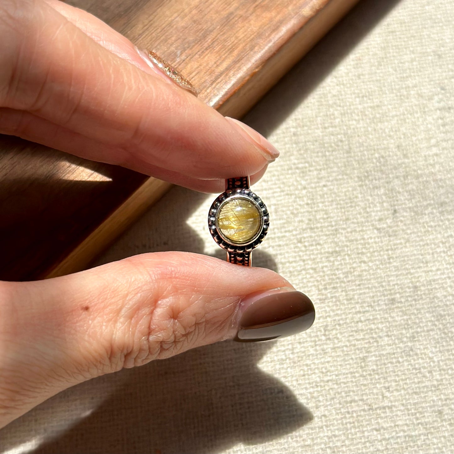 Round Golden Rutilated Quartz Adjustable Sterling Silver Ring