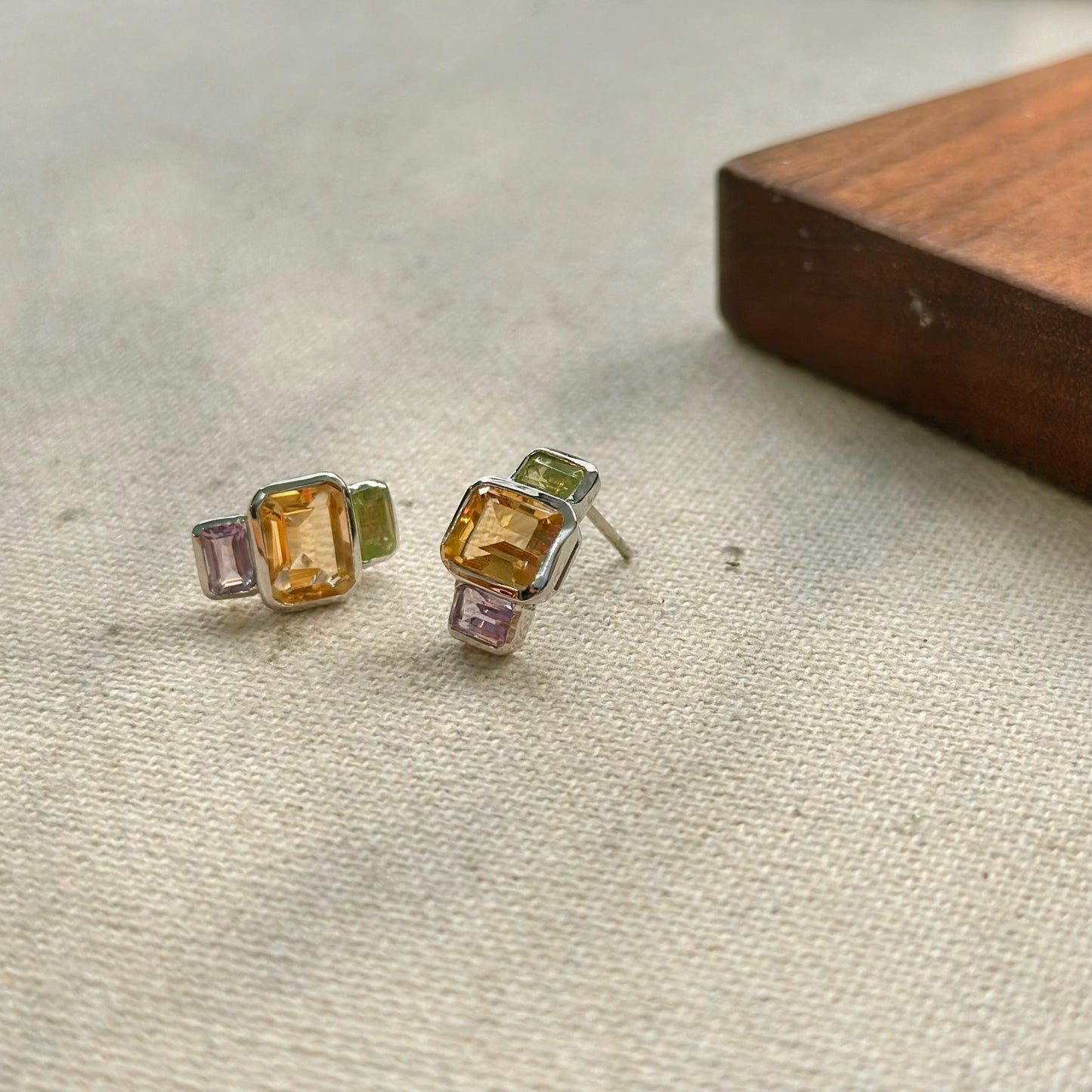 Citrine Mixed Peridot And Amethyst Sterling Silver Ear Stud