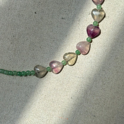 Green Agate And Fluorite Heart Beaded Necklace