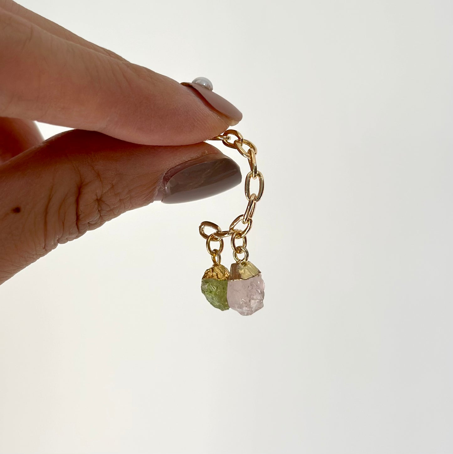 Rose Quartz And Peridot Raw Stone Gold-plated Ear Hoop