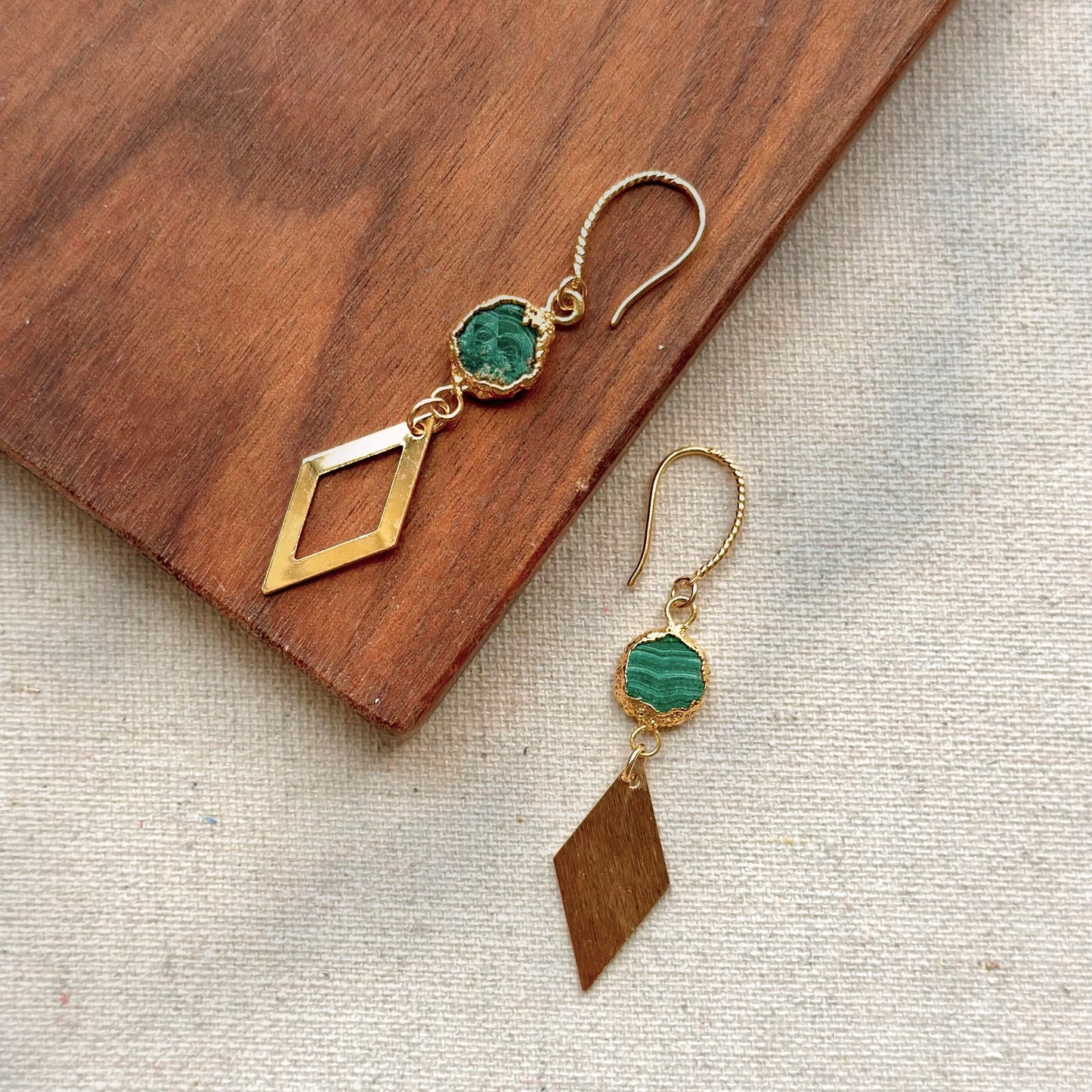 Malachite Asymmetric Rhombus Gold-plated Earring