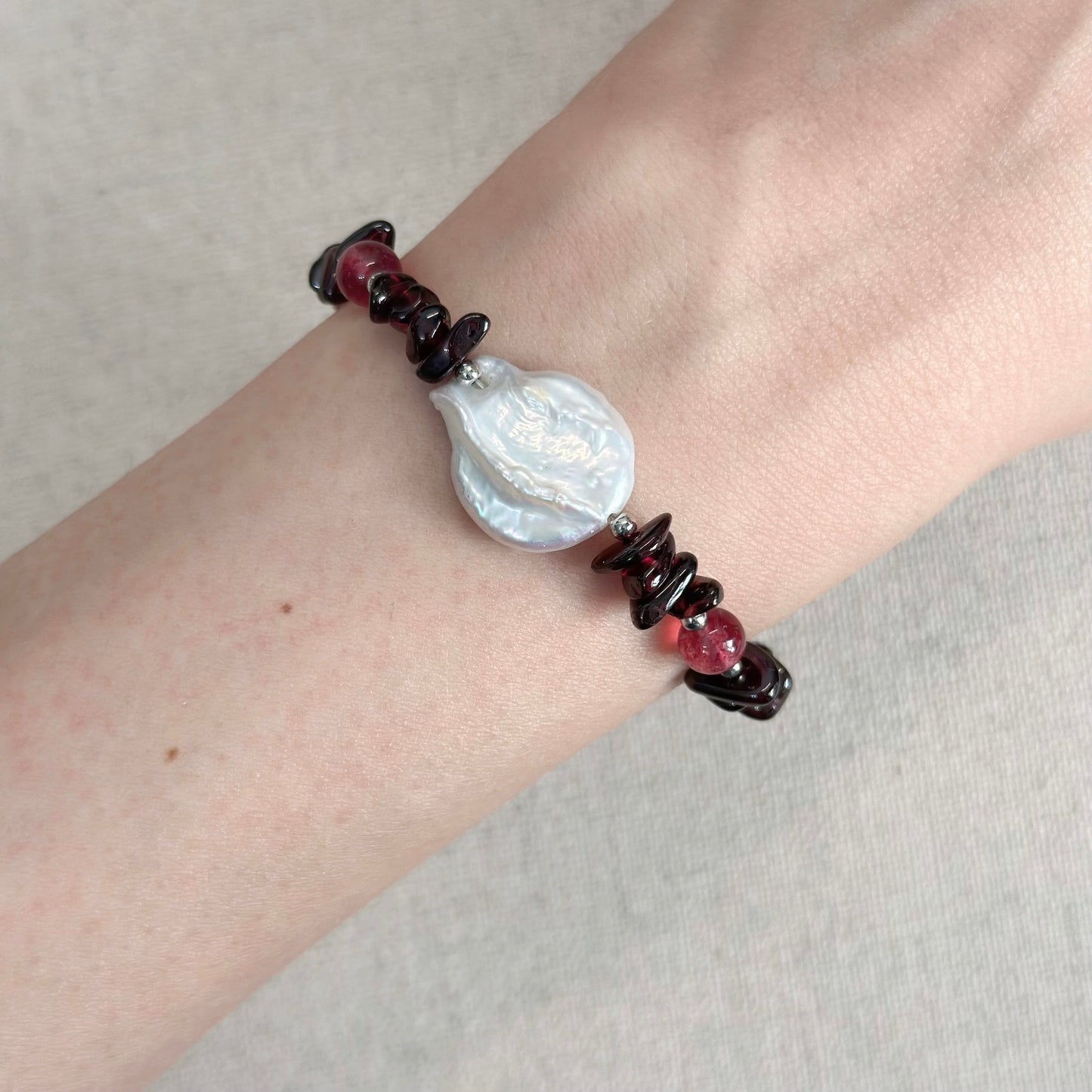 Garnet With Strawberry Quartz And Baroque Pearl Beaded Bracelet