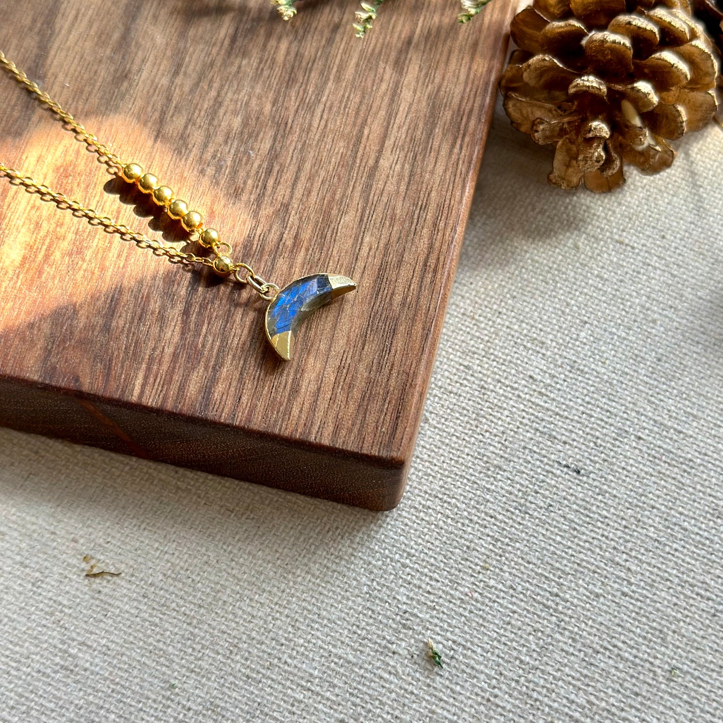 Labradorite Crescent Asymmetric Two-way Gold-plated Sterling Silver Necklace