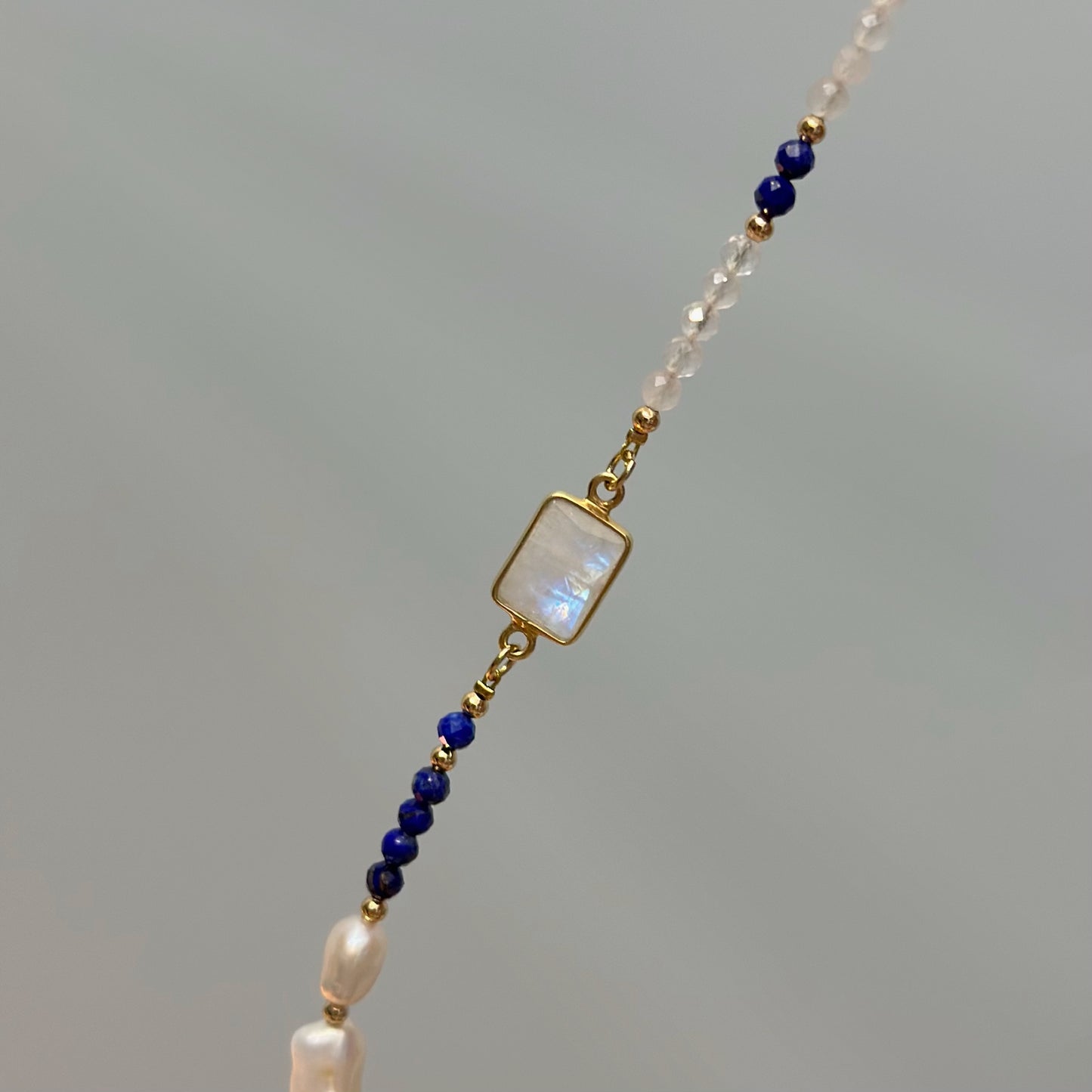 Moonstone And Lapis Mixed Freshwater Pearl Beaded Necklace