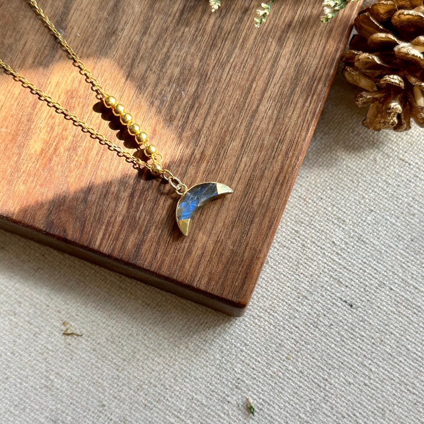 Labradorite Crescent Asymmetric Two-way Gold-plated Sterling Silver Necklace