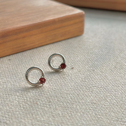 Garnet In Ring Sterling Silver Ear Stud