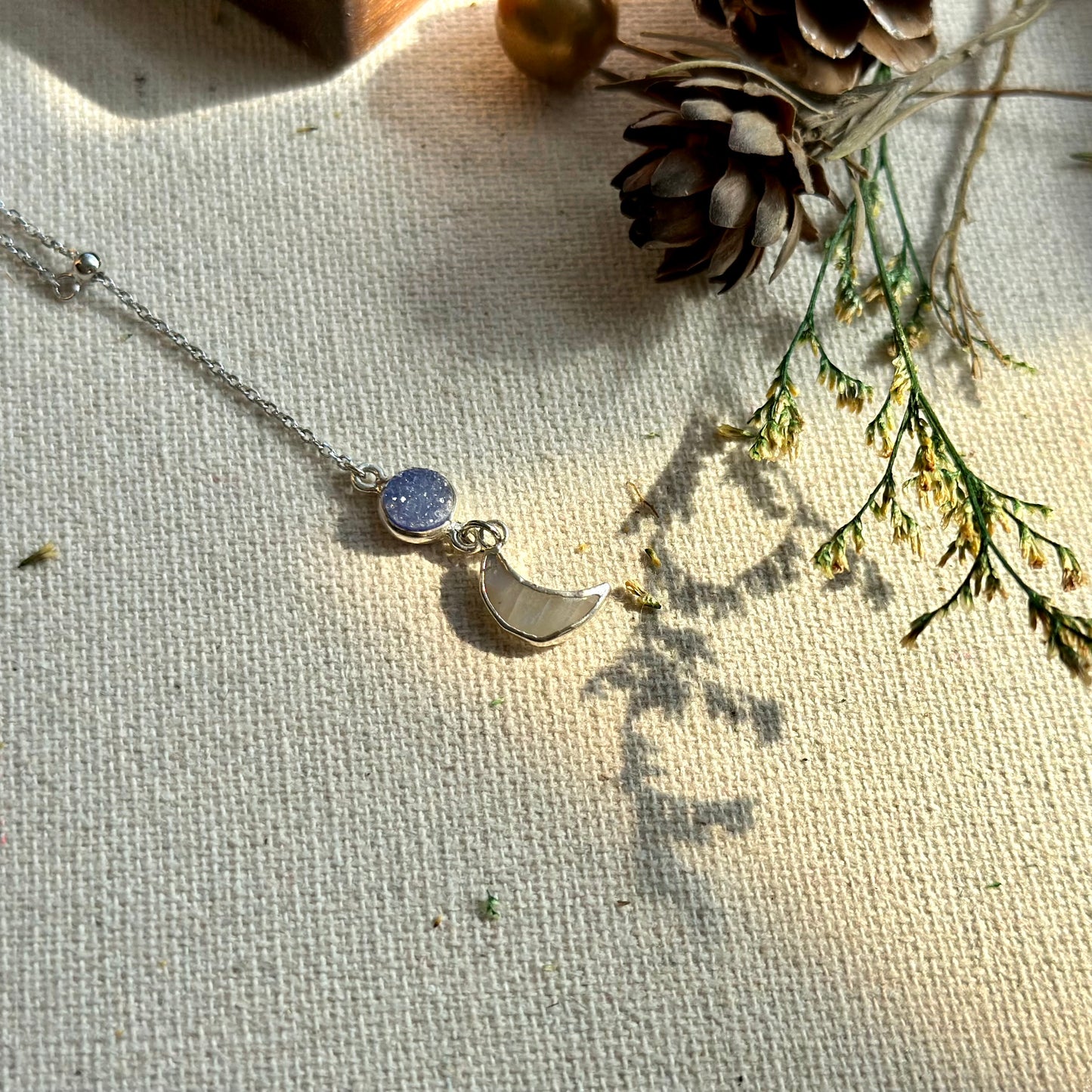 Moonstone And Blue Druzy Two-way Sterling Silver Necklace