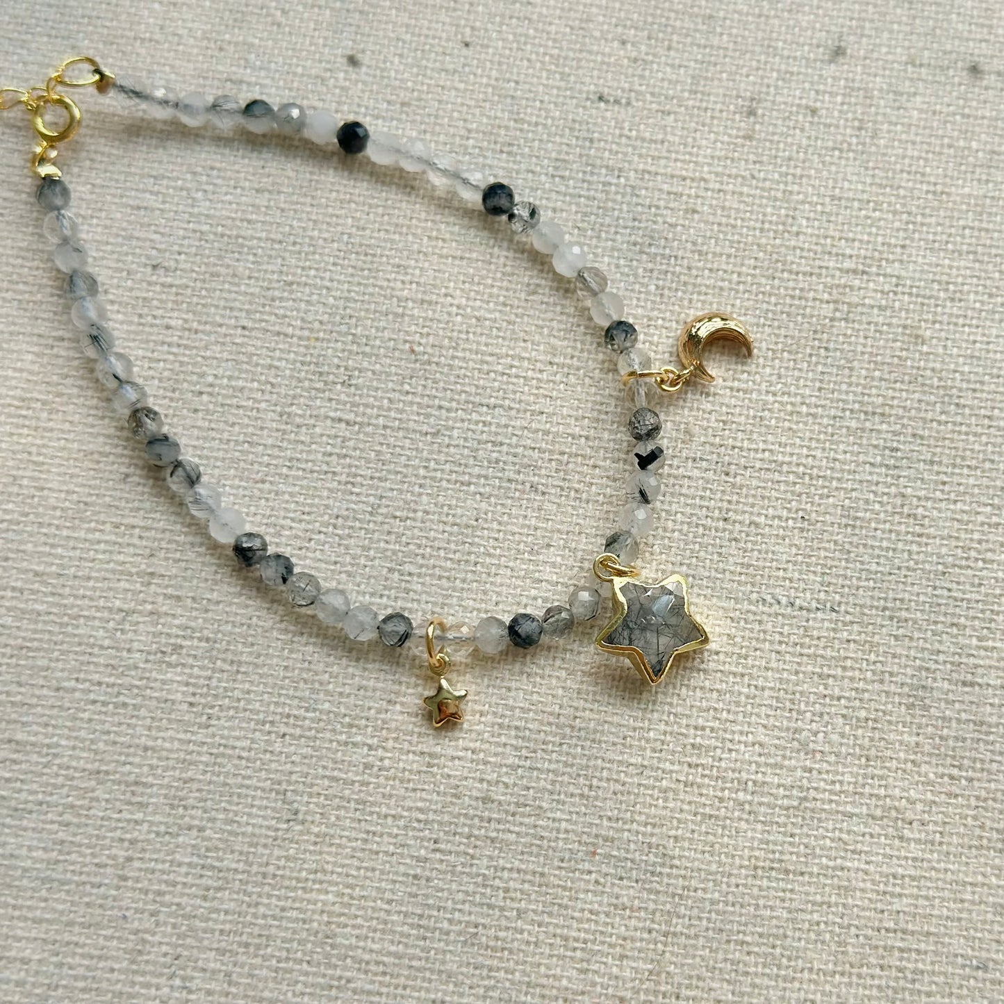 Black Rutilated Quartz Beaded And Star Bracelet