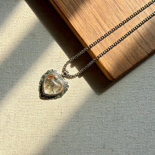 Phantom Quartz Heart Corn Chain Sterling Silver Necklace