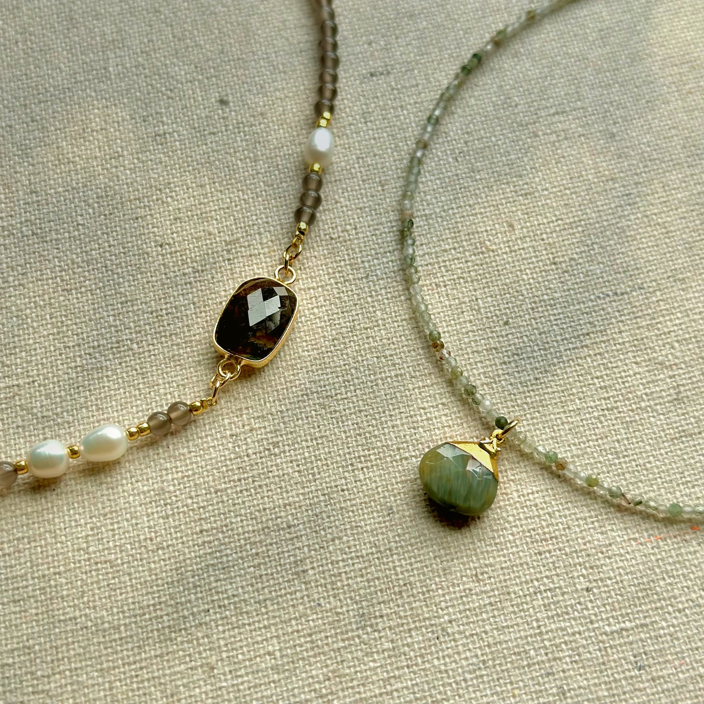 Green Cat Eye And Green Rutile Quartz Beaded Necklace