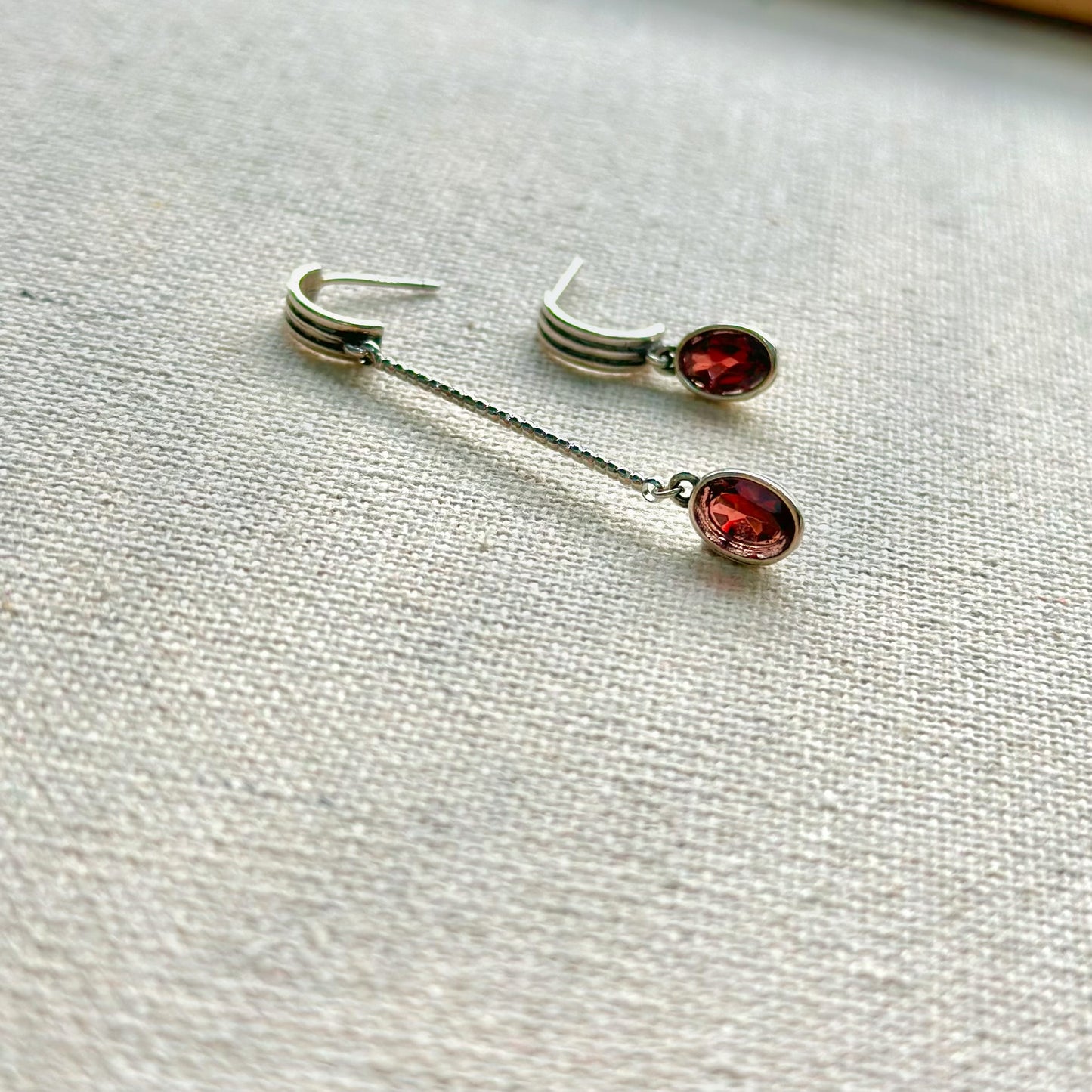 Garnet Dangling Bezel Set Sterling Silver Ear Hoop