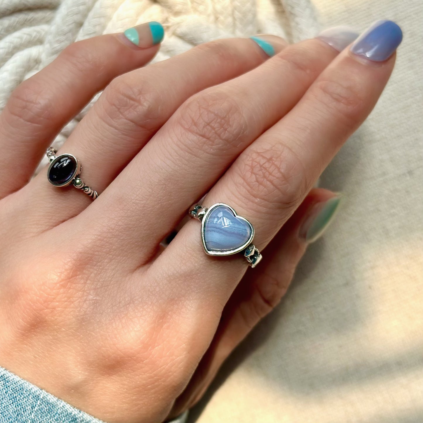 Blue Lace Agate Heart Adjustable Sterling Silver Ring