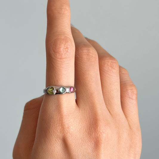 Tourmaline Heart Mix Adjustable Sterling Silver Ring