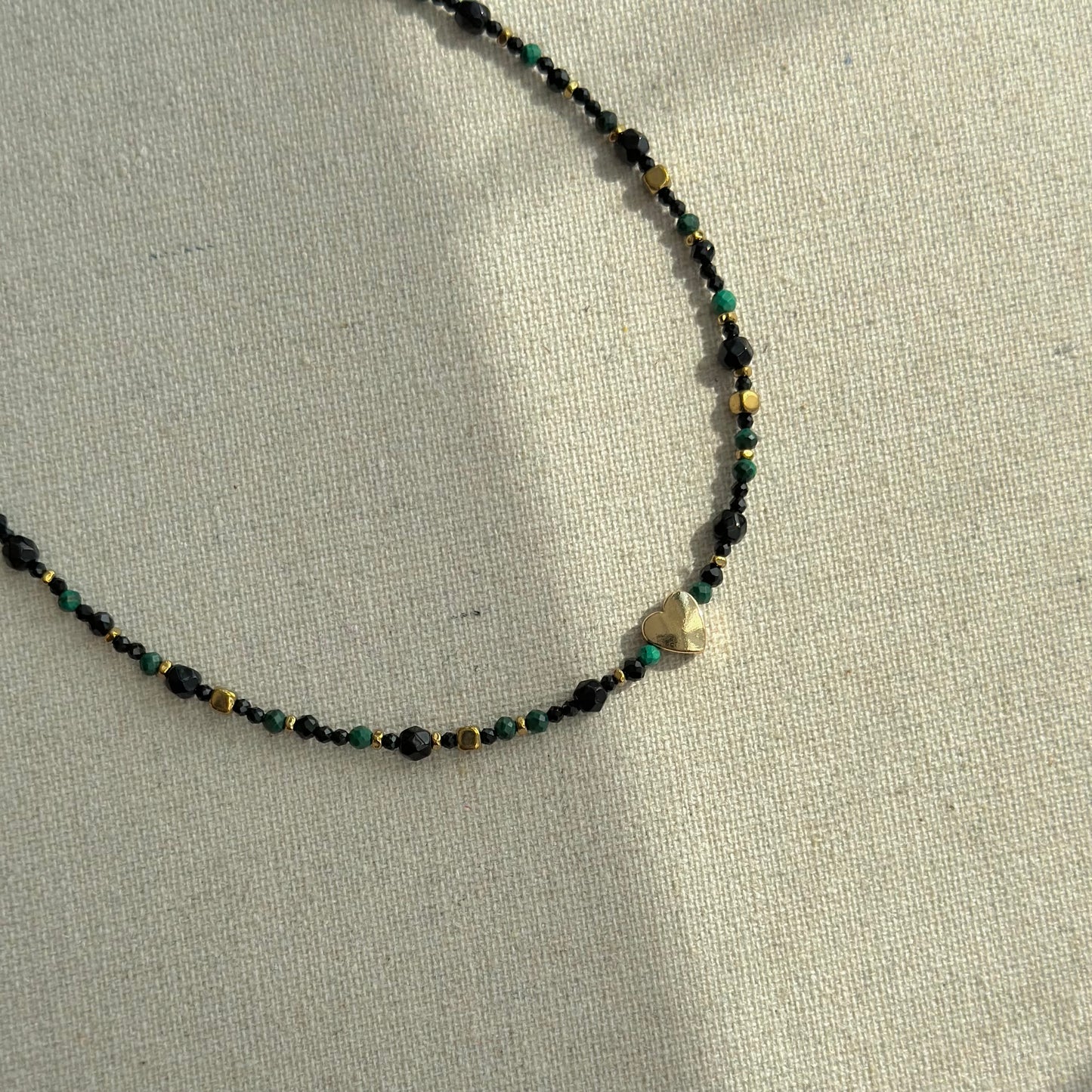 Black Spinel And Malachite Heart Beaded Necklace