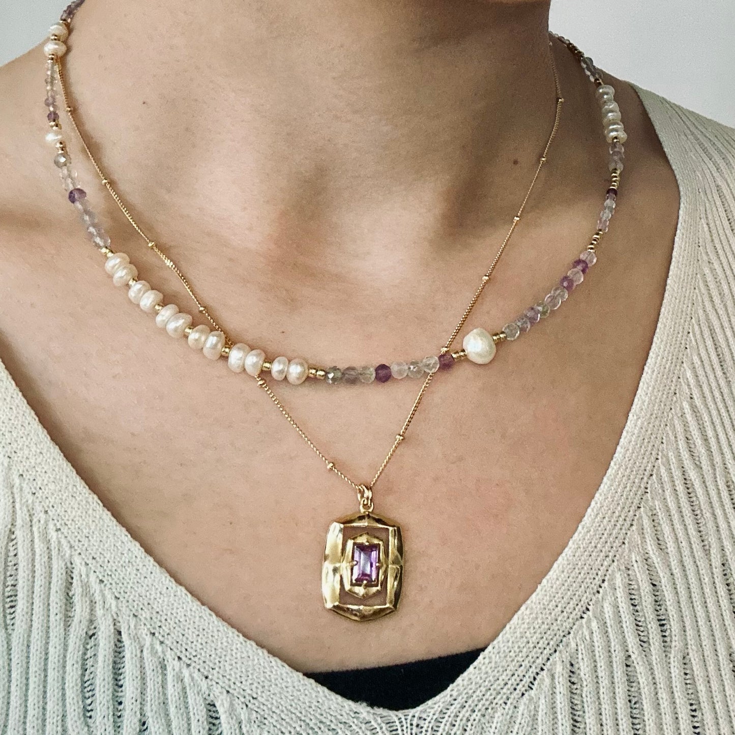 Rectangle Amethyst Dotty Chain Gold-plated Necklace