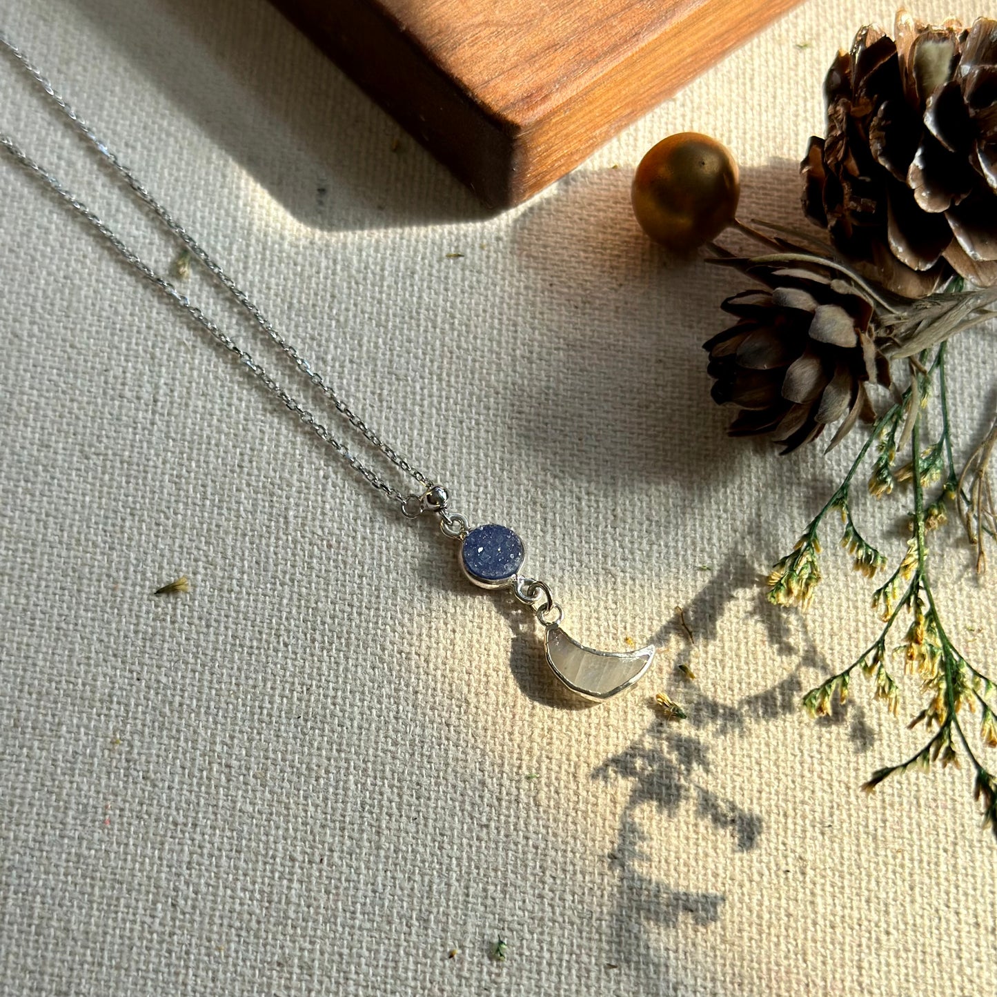 Moonstone And Blue Druzy Two-way Sterling Silver Necklace