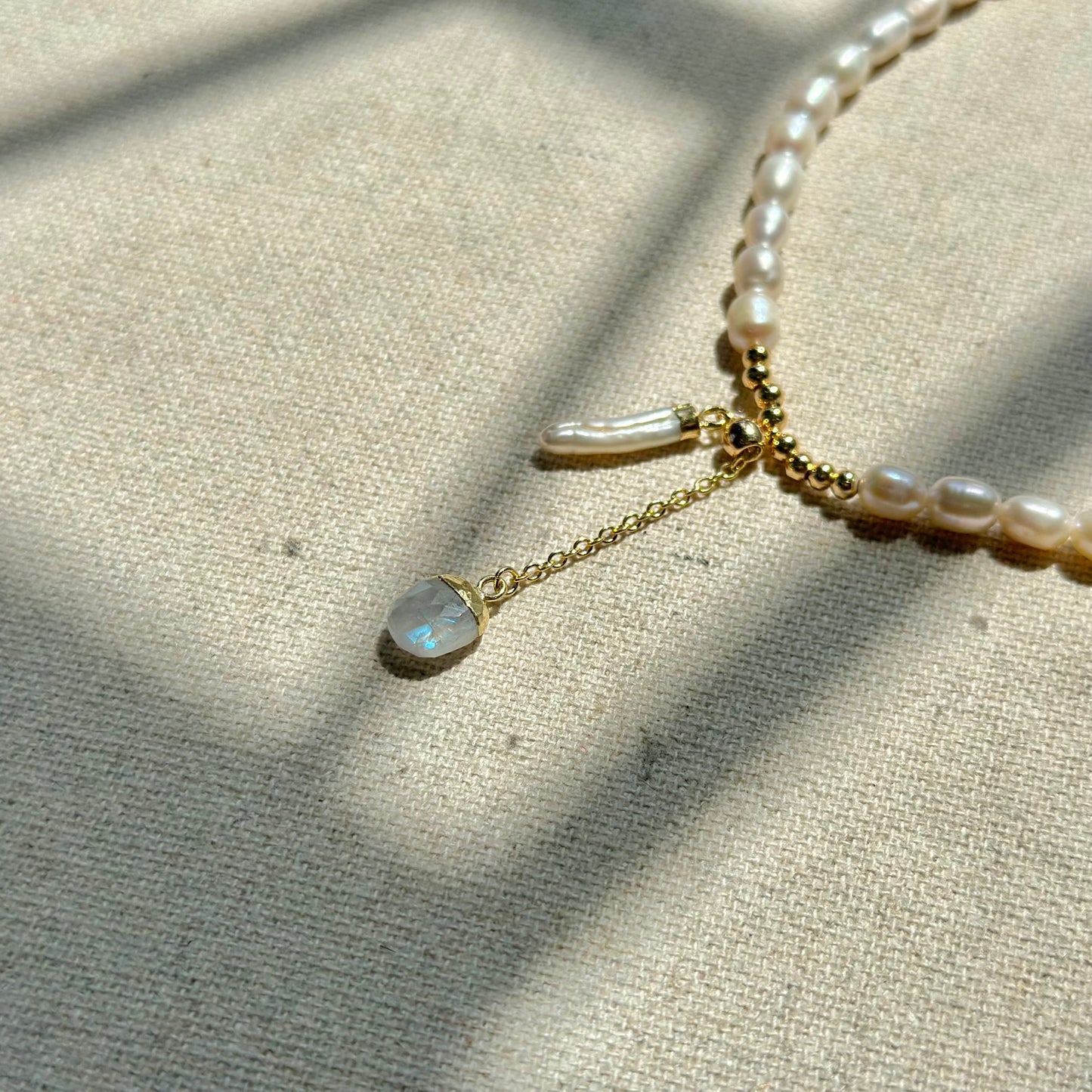 Moonstone With Freshwater Pearl And Gold-plated Beaded Choker Necklace