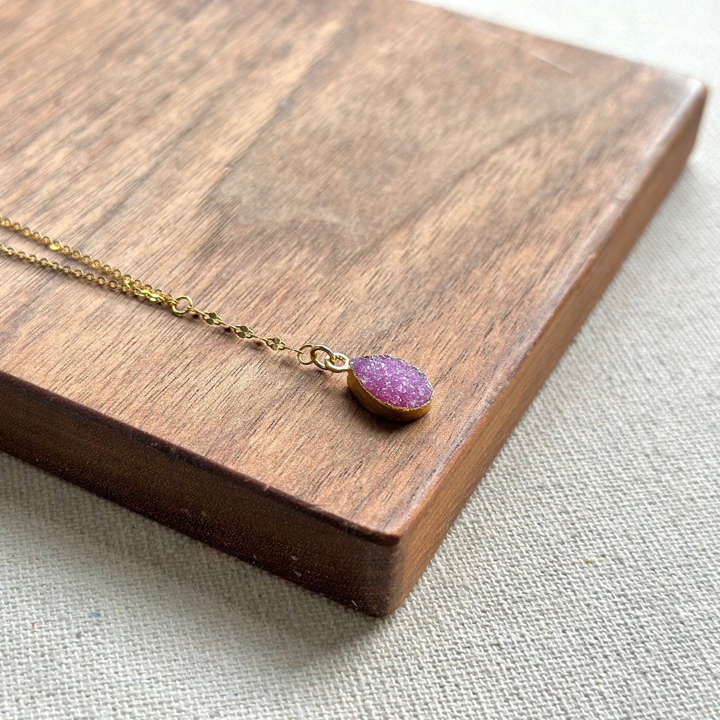 Pink Druzy Y-shaped Front Gold-plated Sterling Silver Necklace